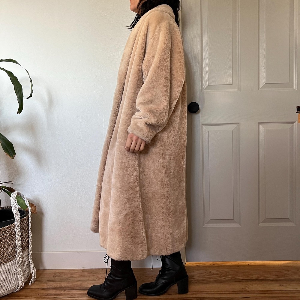 Vintage 50s Beige Faux Fur Swing Coat Old Hollywood Glam L XL - Picture 3 of 13